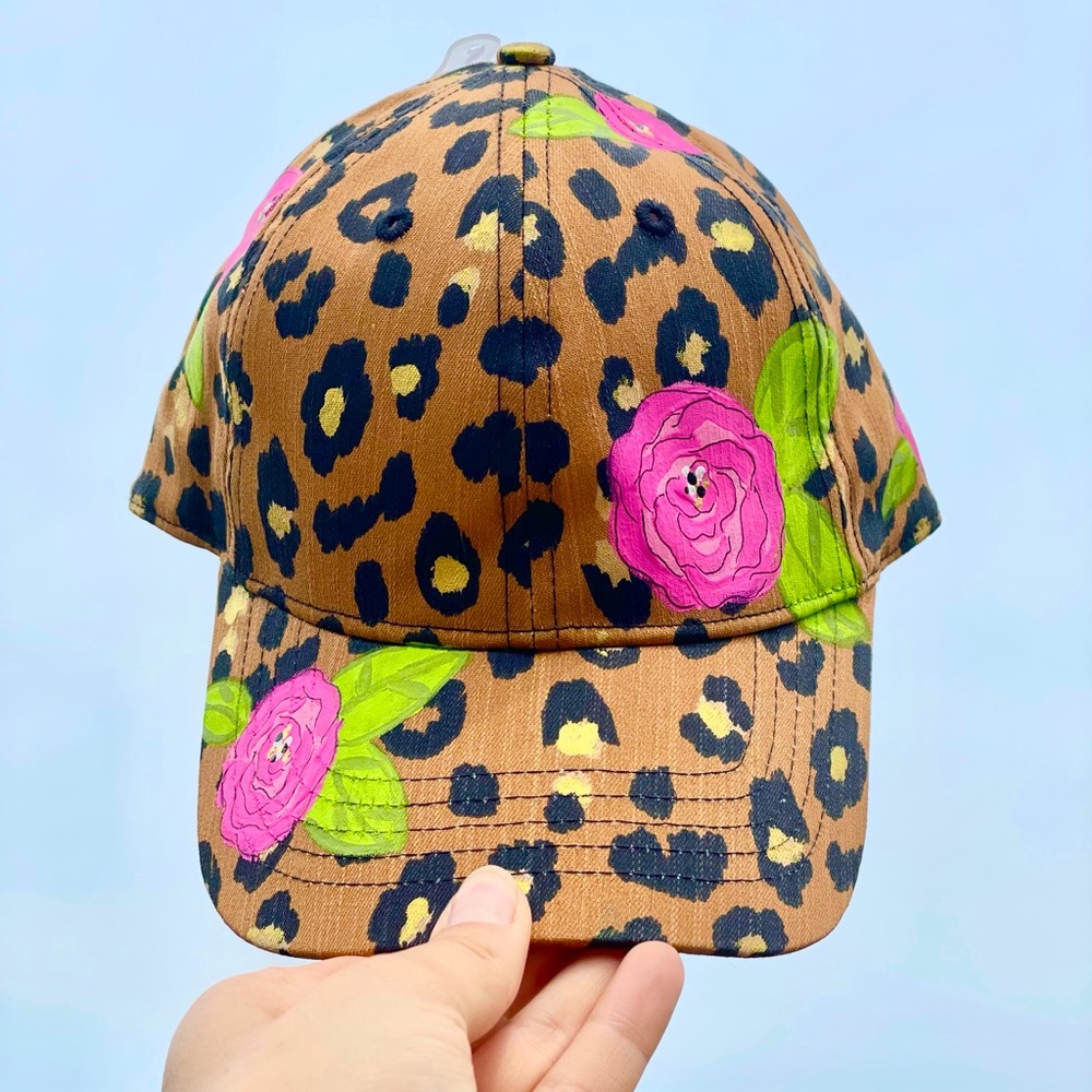 Custom painted floral animal print baseball cap